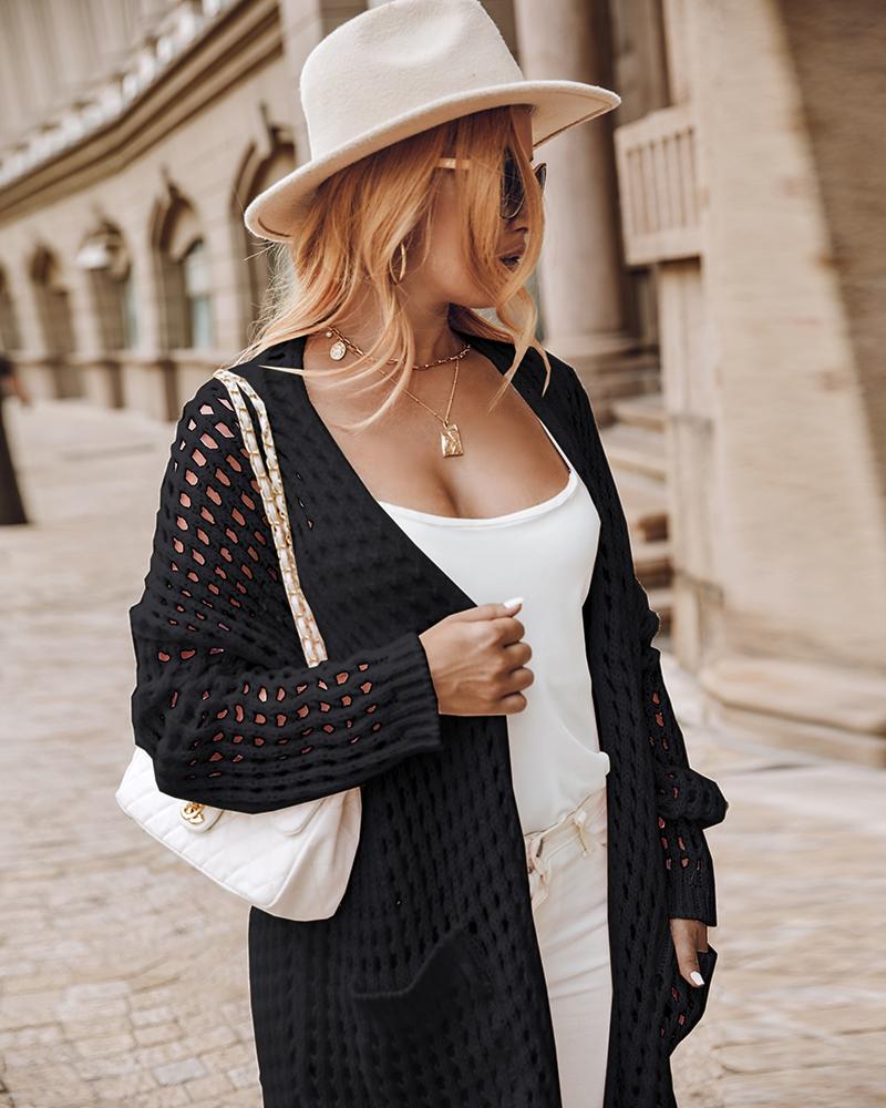 

Hollow Out Pocket Design Longline Cardigan, Black
