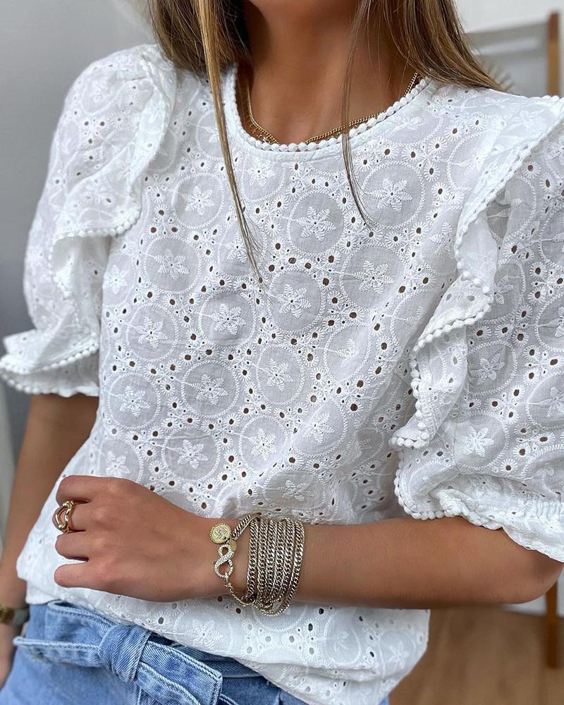 

Puff Sleeve Eyelet Embroidery Pom Pom Top, White