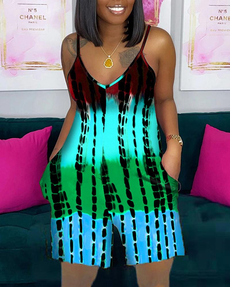 

Tie Dye Print Pocket Detail Spaghetti Strap Romper, Lighted blue
