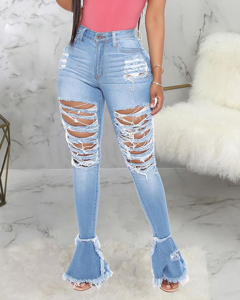 

Ripped Fringe Hem Ladder Cutout Bootcut Jeans, Blue