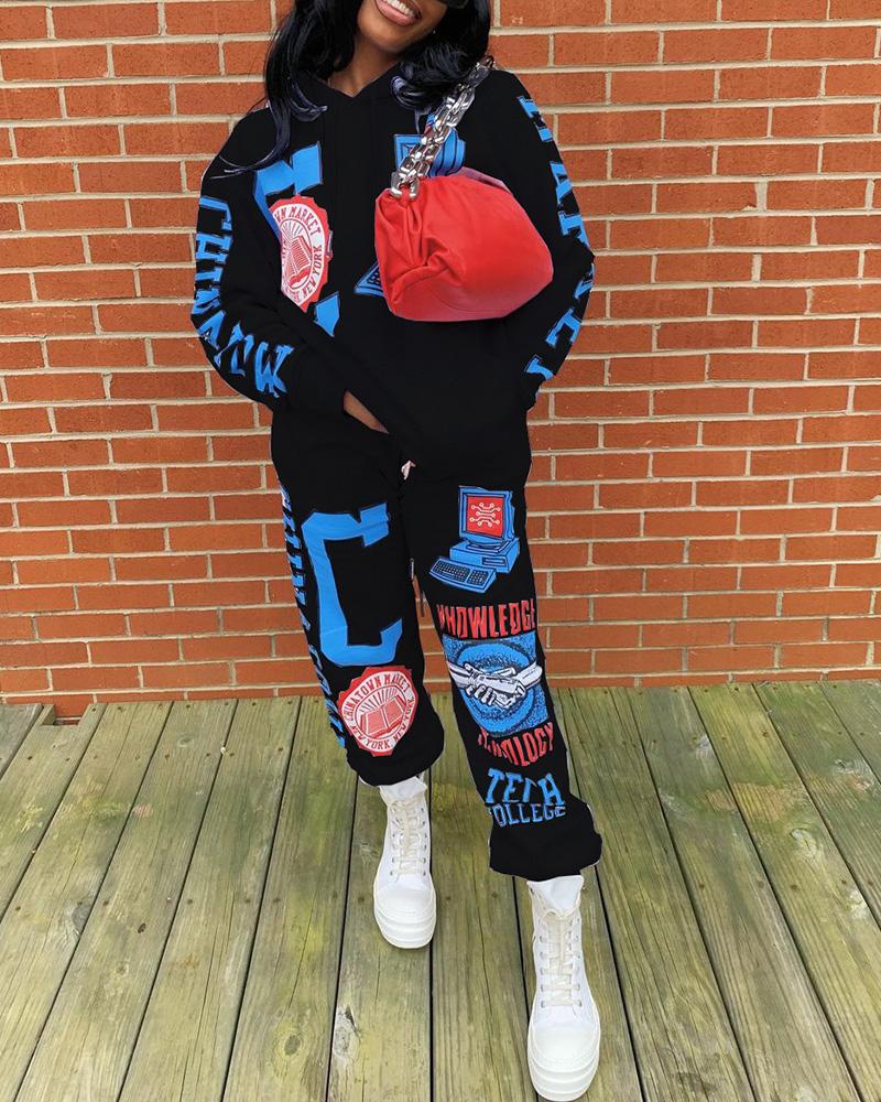 

Mixed Print Pocket Design Hooded Top & Drawstring Pants Set, Black