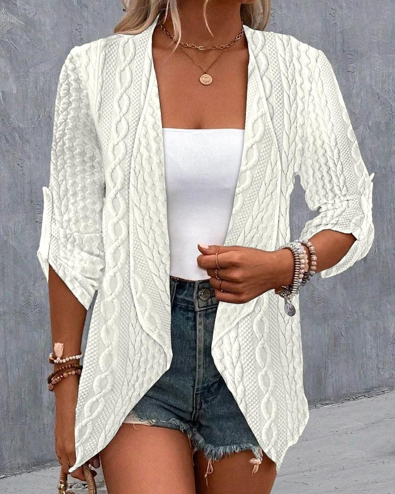 

Roll Up Sleeve Faux Braided Cable Textured Coat, Beige