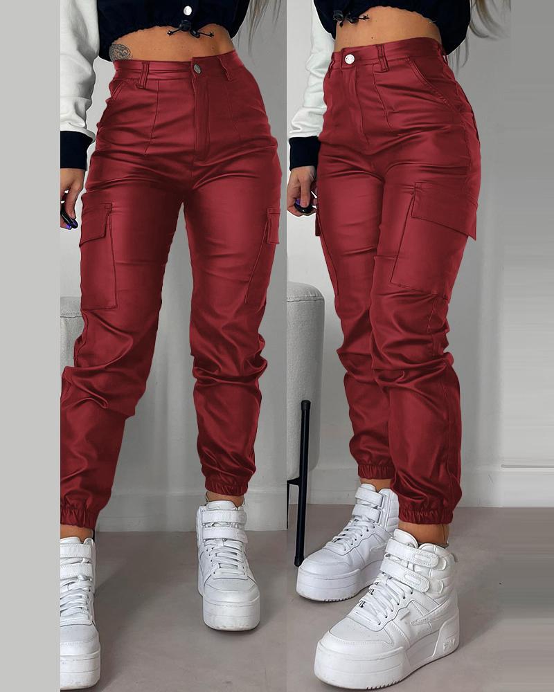 

Pocket Design Cuffed PU Leather Pants, Red