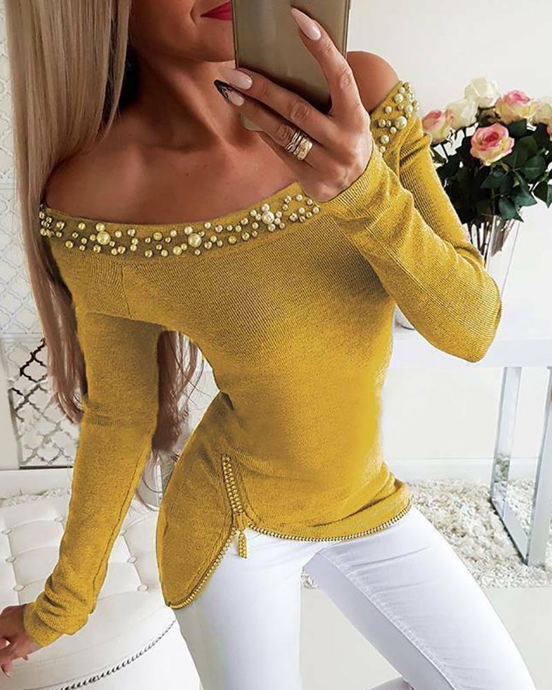 

Off Shoulder Beaded Zipper Design Top, Yellow