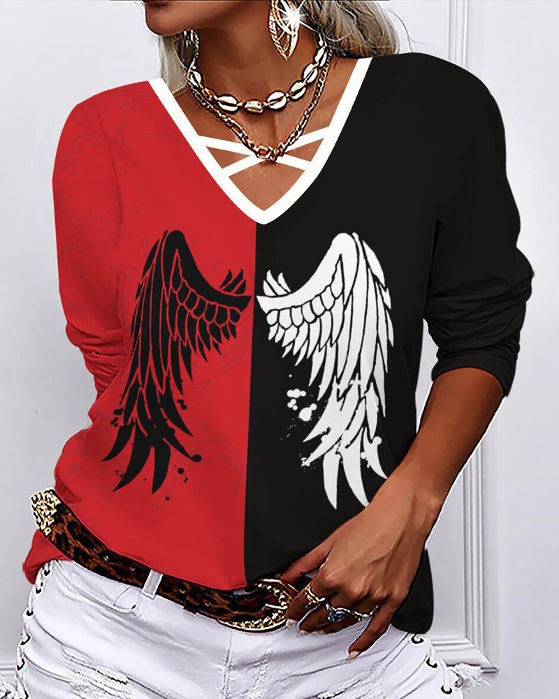 

Christmas Wing Print Colorblock Long Sleeve Top, Red