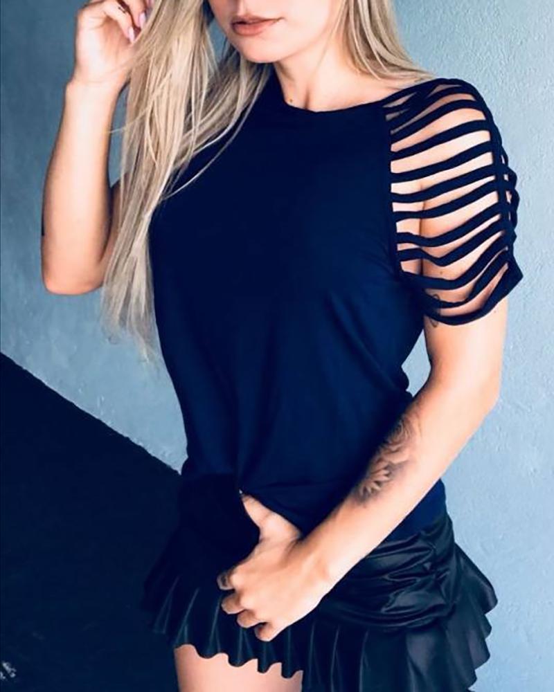 

Solid Ladder Hollow Out Casual T-shirt, Black