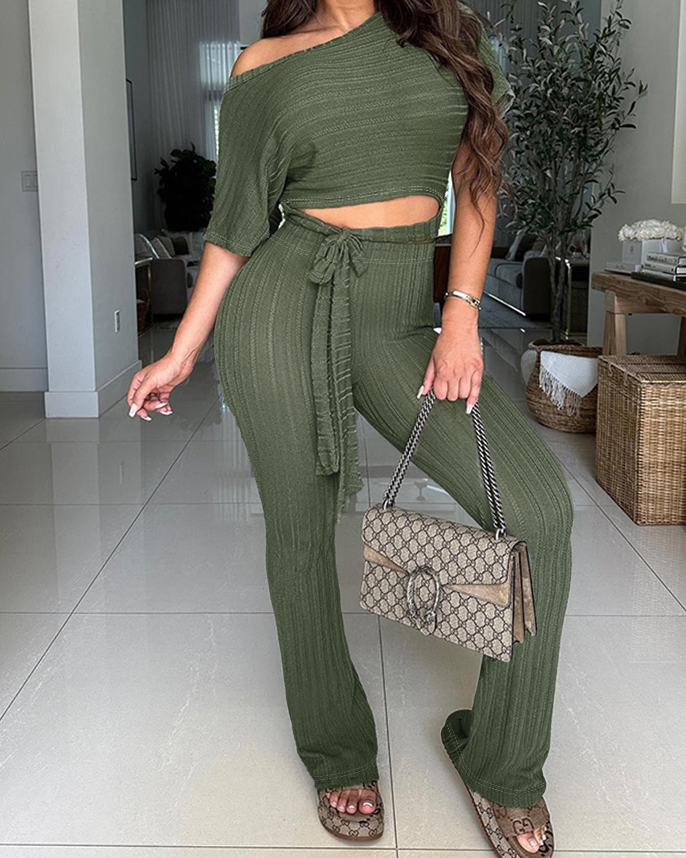 

Skew Neck Crop Top & Tied Detail Pants Set, Green