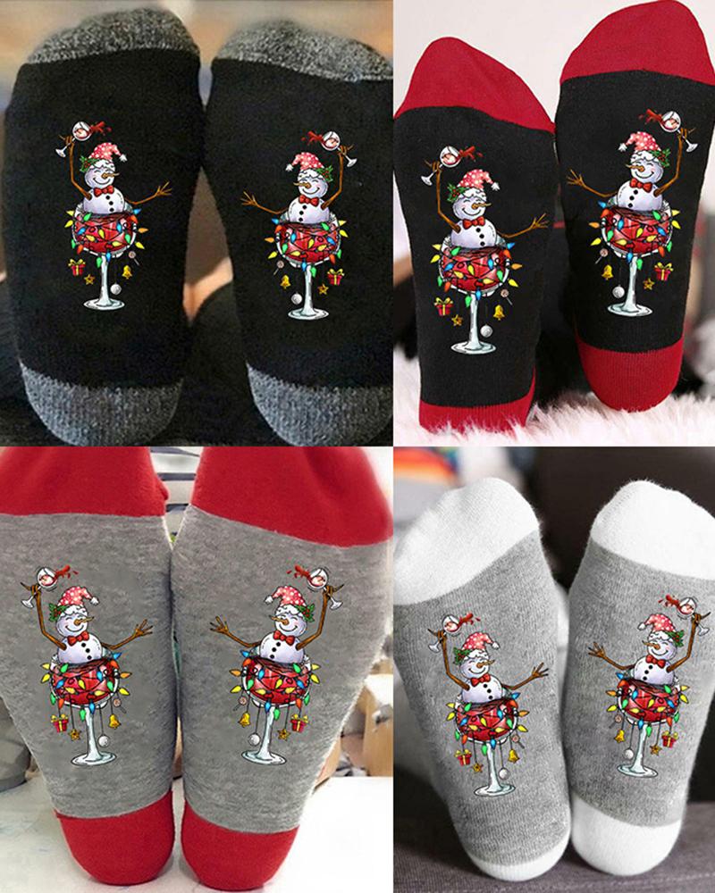 

1Pair Christmas Snowman Wine Glass Print Crew Socks, Style1