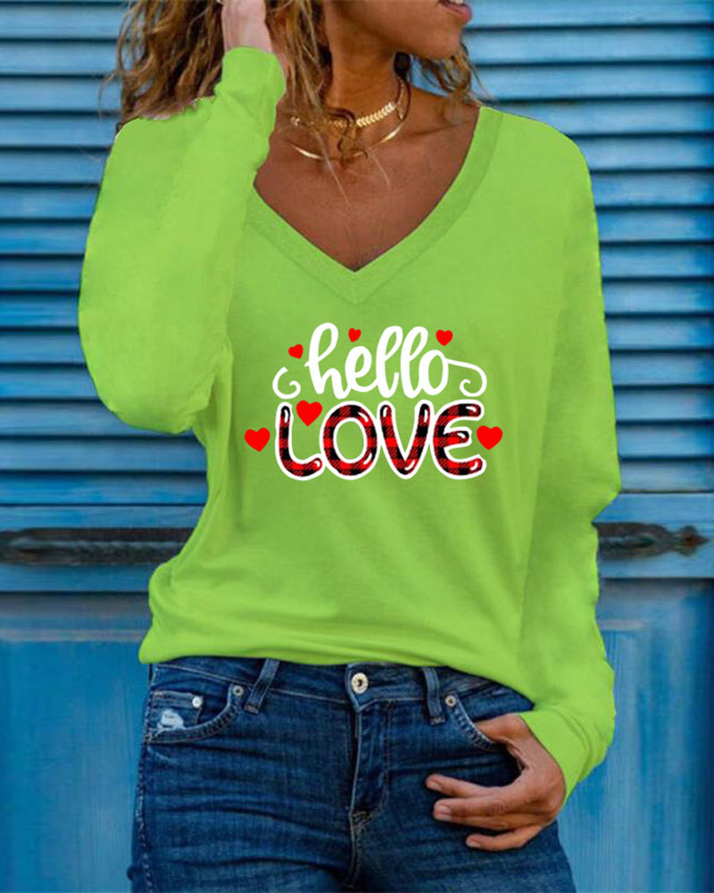 

Love Heart Print Long Sleeve V-Neck Top, Green