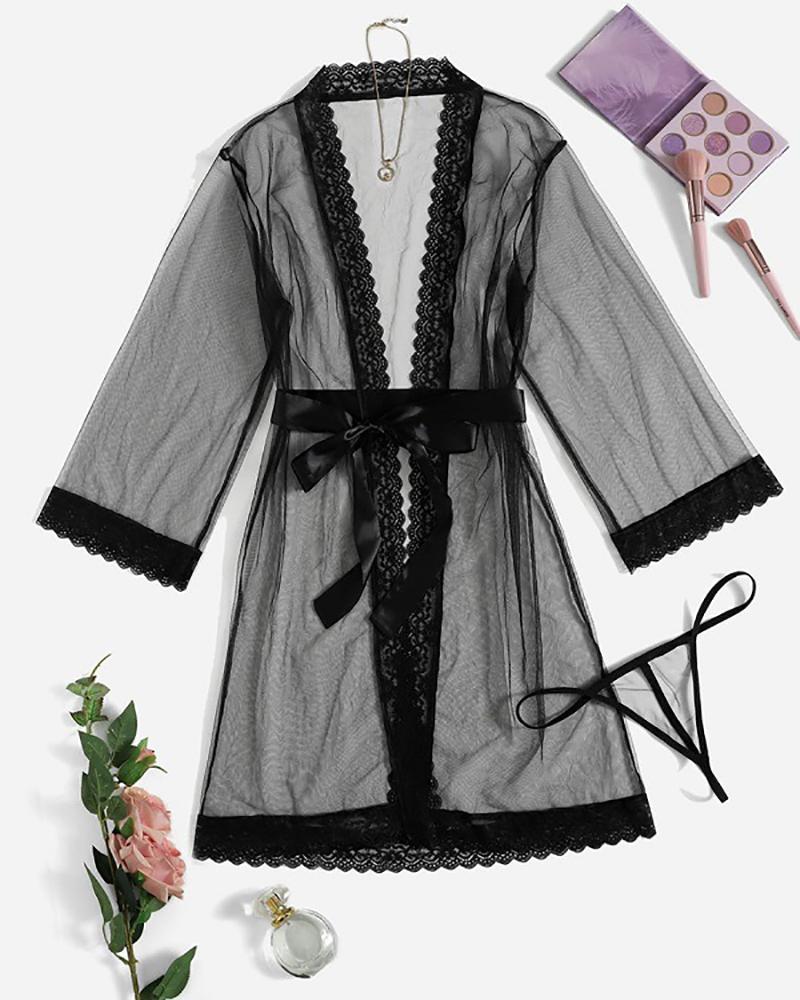 

Long Sleeve Lace Patch Sheer Mesh Robe With Panty, Black