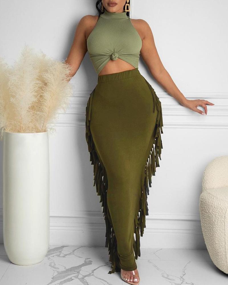 

Halter Sleeveless Top & Tassel Design Skirt Set, Green