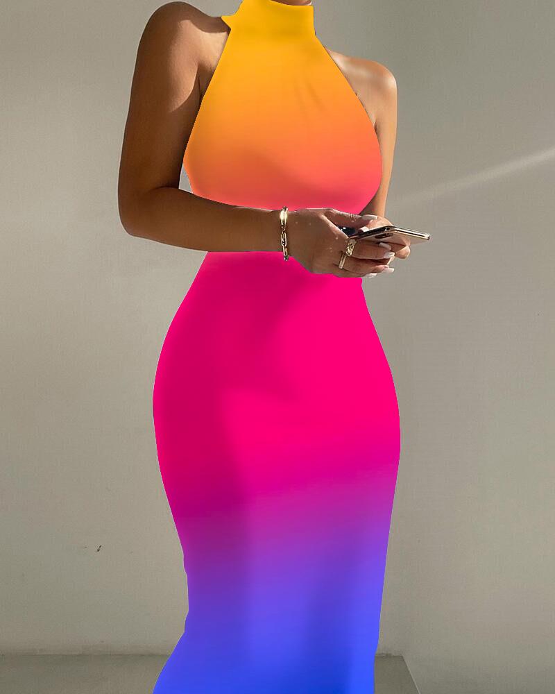 Ombre High Neck Sleeveless Bodycon Dress