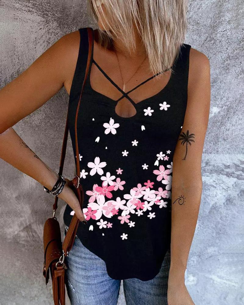 

Cherry Blossoms Print Crisscross Tank Top, Black