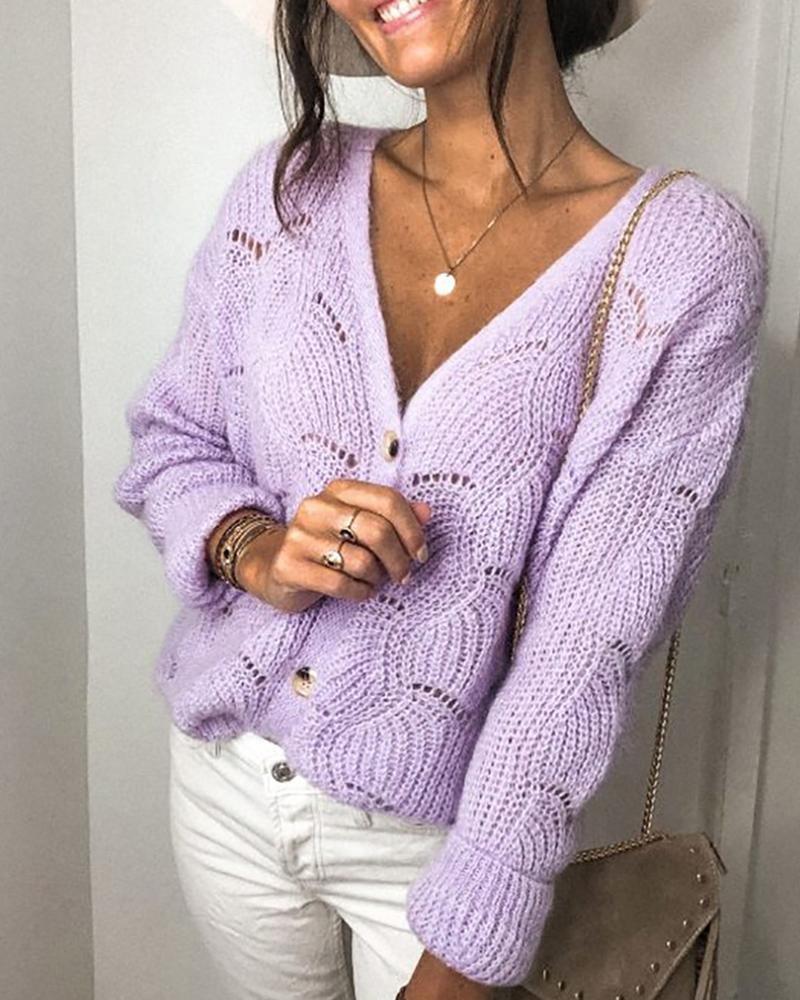 

Hollow Out Button Design Knit Sweater Cardigan, Purple