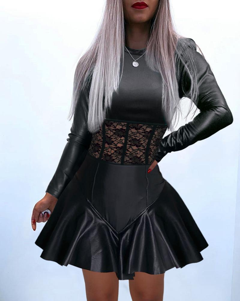 

Contrast Lace PU Leather Bodycon Dress, Black
