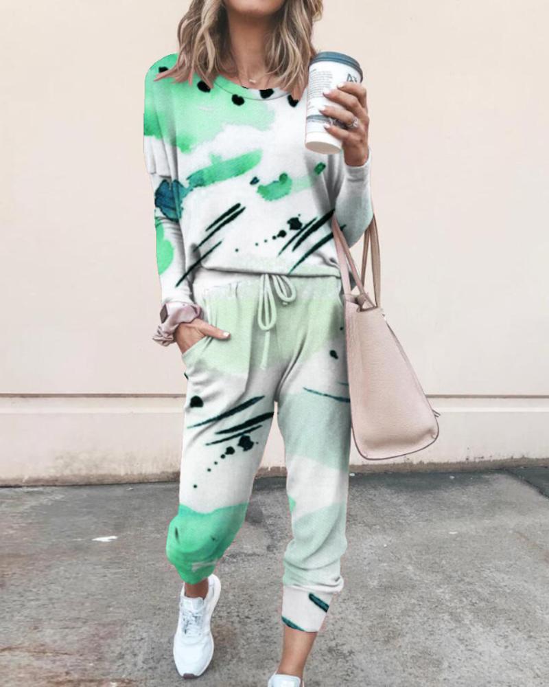 

Tie Dye Daisy Print Top & Drawstring Pants Set, Green