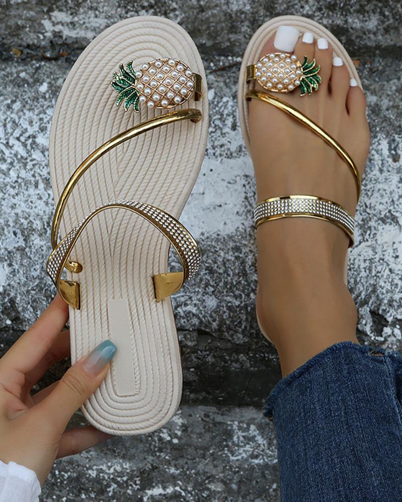

Rhinestone Pineapple Pattern Toe Ring Flip Flops, Gold