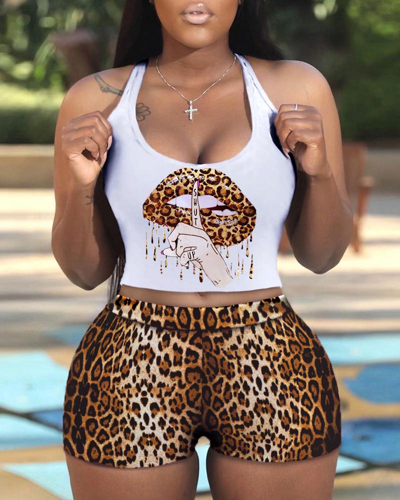 

Lip Slogan Print Tank Top & Cheetah Print Shorts Set, Leopard