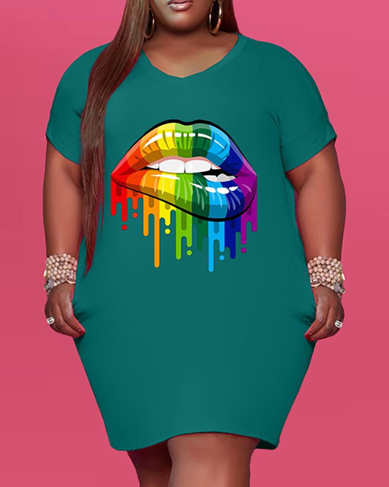 

Lip Print Short Sleeve T-shirt Dress, Green