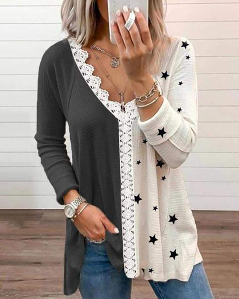 

Star Print Colorblock Lace Patch T-shirt, White
