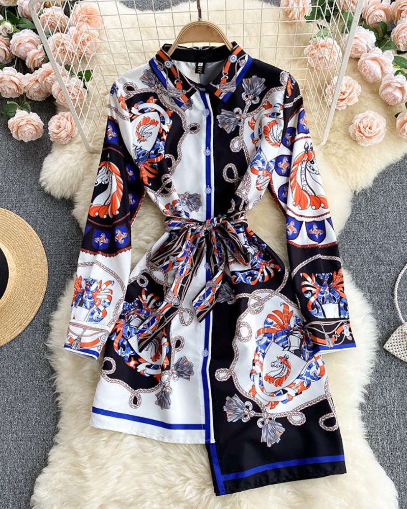 

Vintage Colorblock Horse Print Asymmetrical Shirt Dress, Multicolor