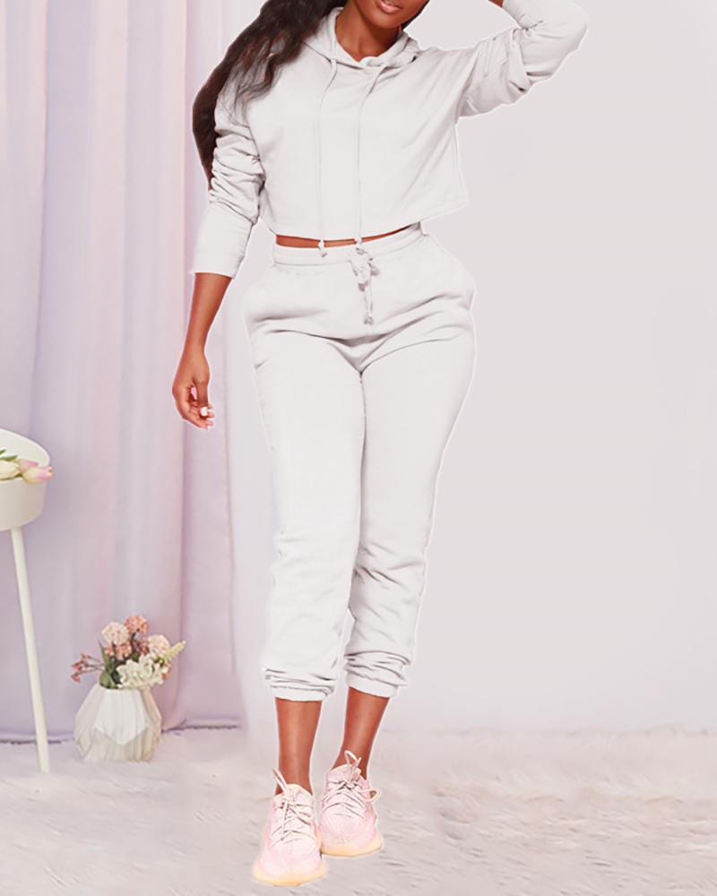 

Long Sleeve Hooded Sweatshirt & Pocket Design Pants Set, White