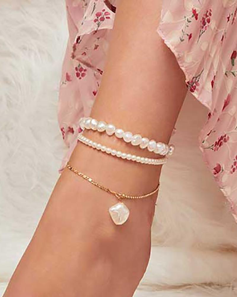 

3PC Faux Pearl Pendant Anklet, Gold