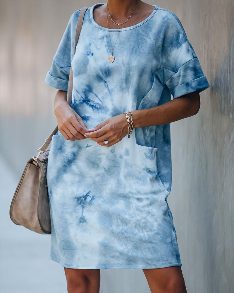 

Tie Dye Print Pocket Design Casual Dress, Blue