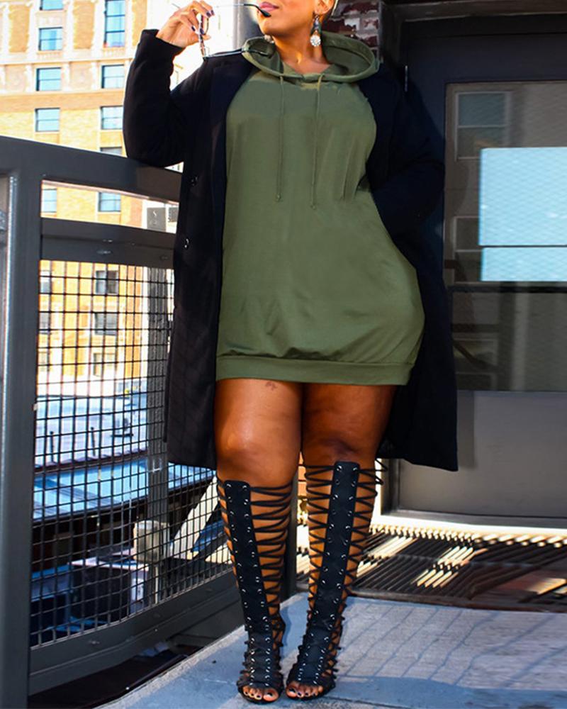 

Plus Size Drawstring Hooded Long Sleeve Sweatshirt Dress, Green