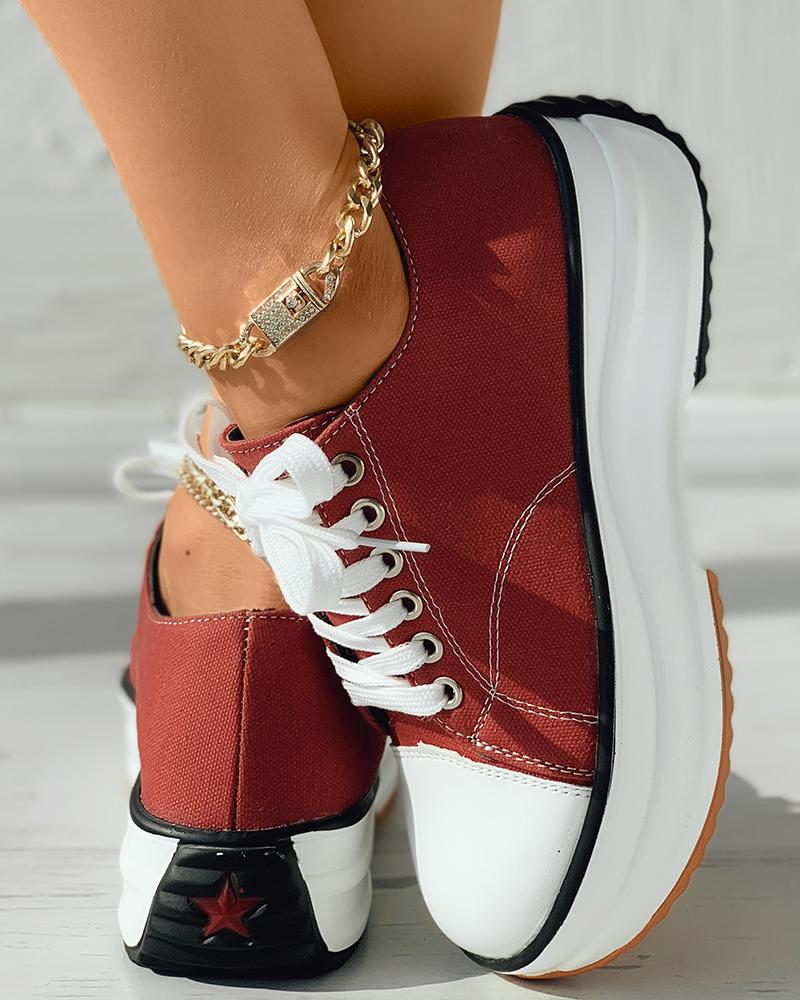 

Stitch Detail Lace-up Front Canvas Shoes, Red