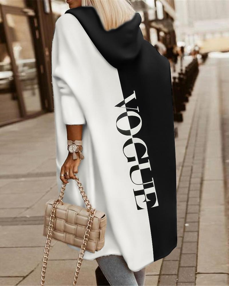 

Letter Print Colorblock Longline Hooded Coat, Black&white