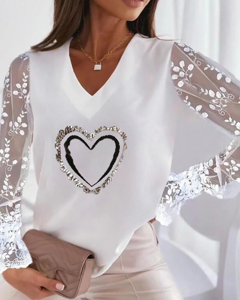 

V-Neck Heart Print Lace Long Sleeve Top, White