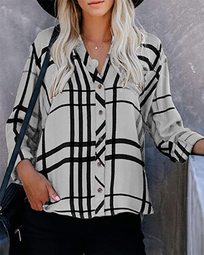 

Striped Print Button Front V-Neck Shirt, Gray