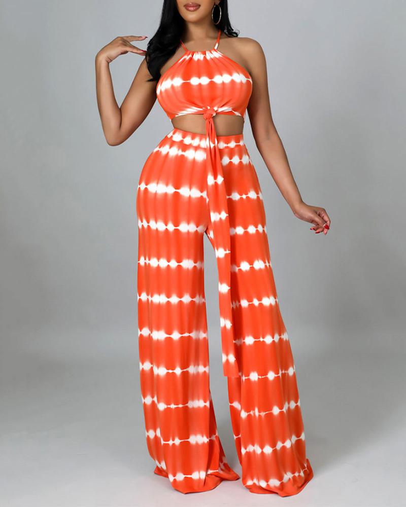 

Tie Dye Print Asymmetrical Top & Wide Leg Pants Set, Orange