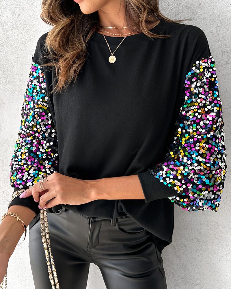 

Sequins Patchwork Gigot Sleeve Top, Black