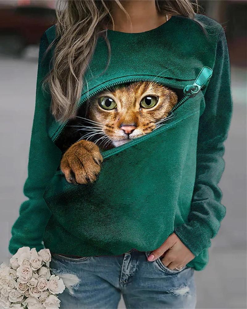 

Cute 3D Cat Print Long Sleeve Casual Top, Green