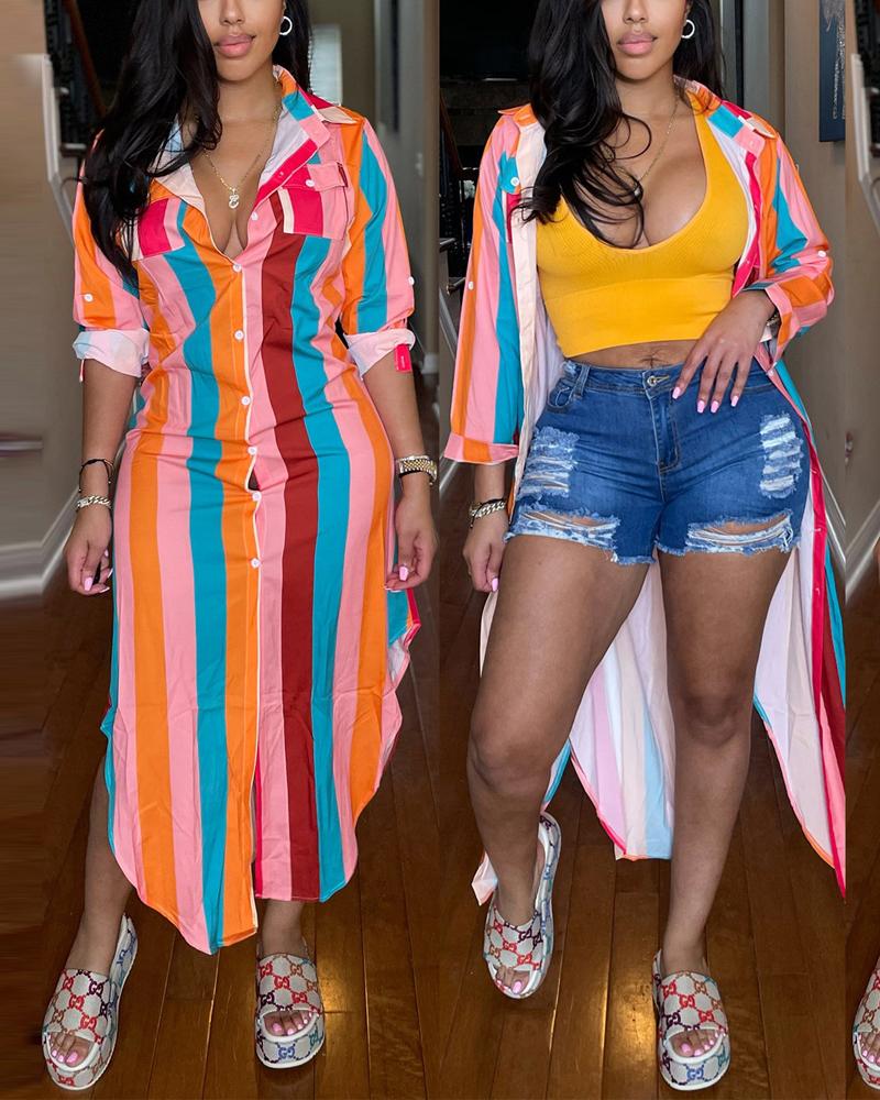 

Striped Print Curved Hem Button Down Shirt Dress, Multicolor
