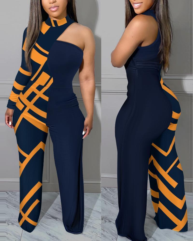 

Geometric Print One Shoulder Long Sleeve Jumpsuit, Blue