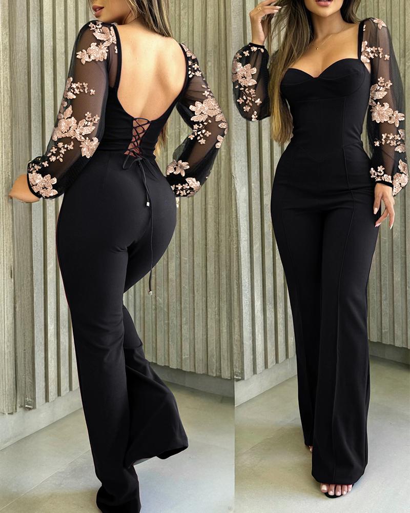 

Combinaison décontractée à col en cœur, paillettes, maille fleurie, manches lanternes, lacets dans le dos, couture sur le devant, jambes larges, Black