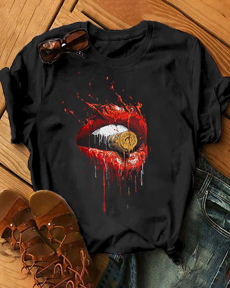 

Rouge Lips Print Short Sleeve Loose T-shirts, Black