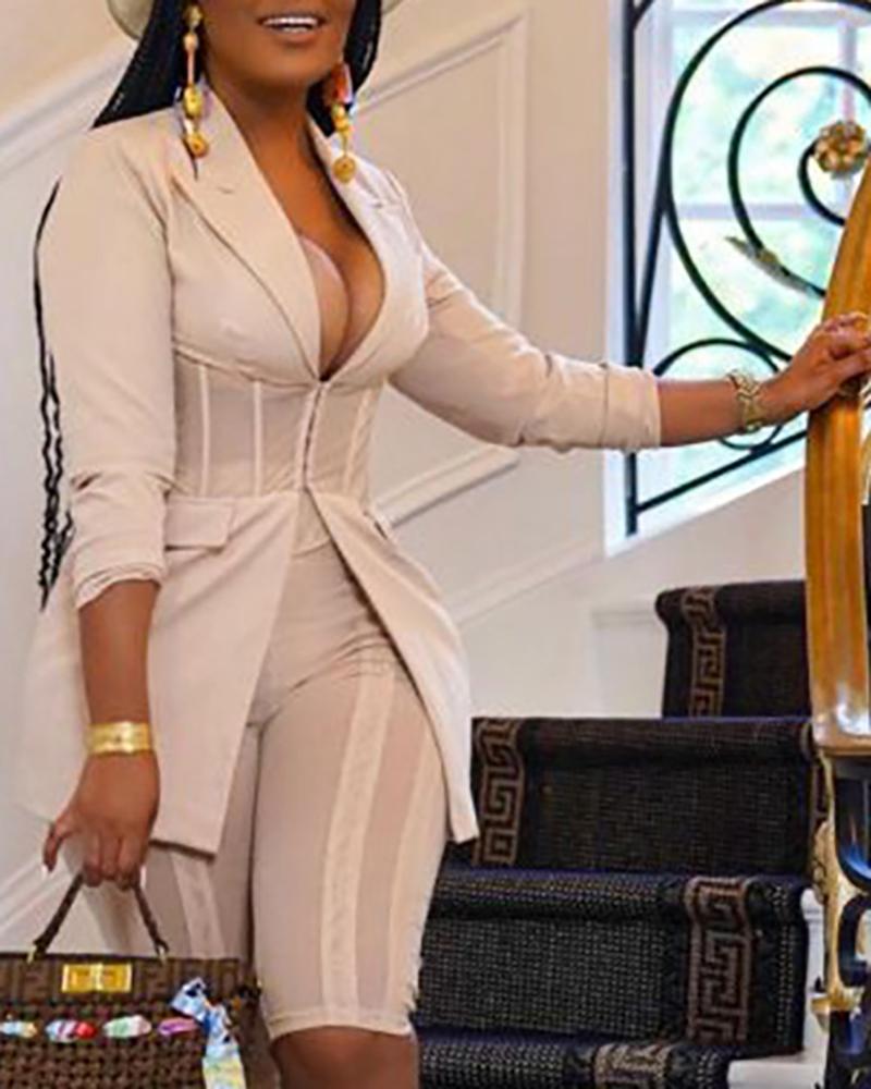 

Long Sleeve Sheer Mesh Patch Corset Blazer Coat, Apricot