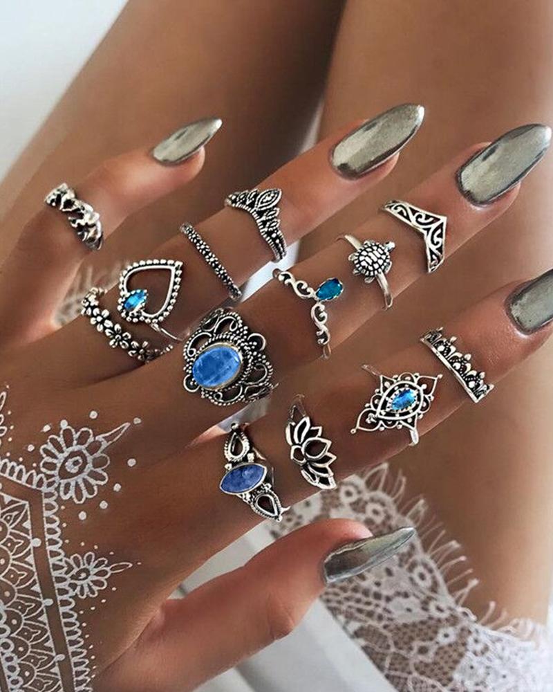 13PCS Floral & Rhinestone Pattern Rings Set