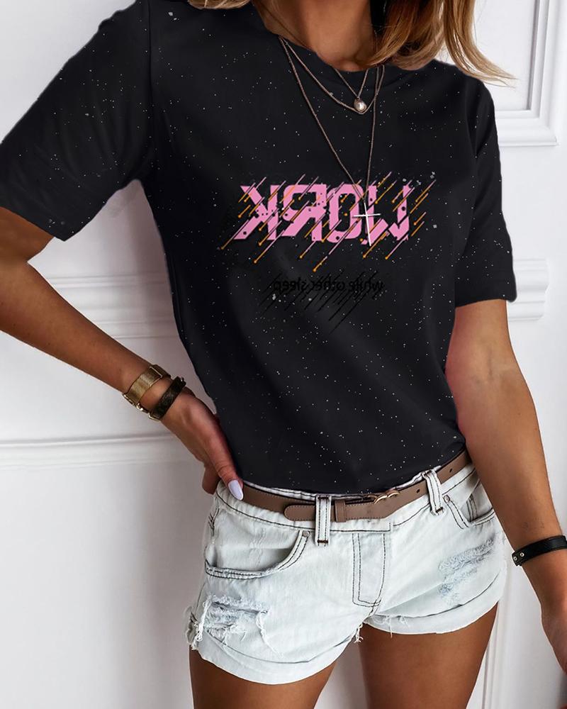 

Letter Print Glitter Casual T-shirt, Black