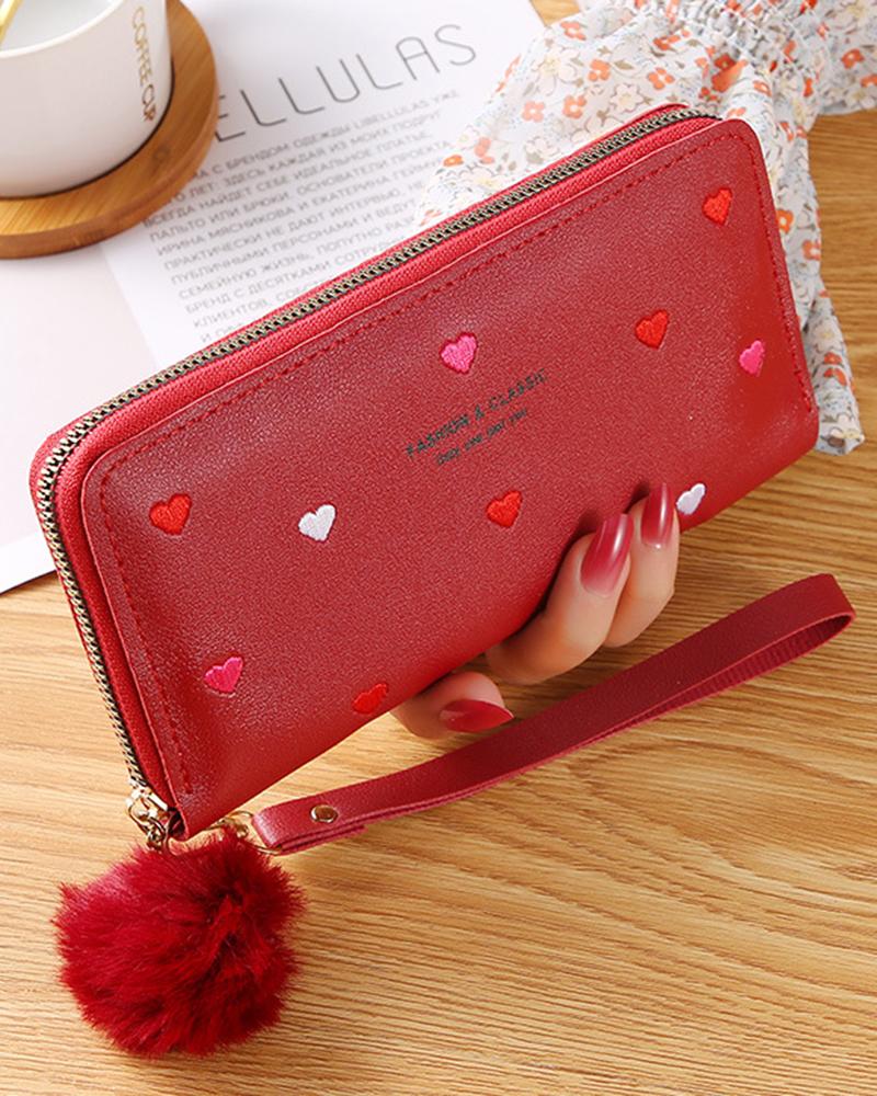 

Heart Pattern Pom Pom Zipper Purse, Red