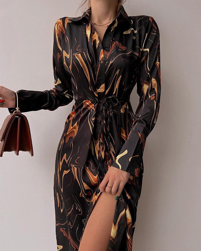 

Marble Print Button Down Shirt Dress, Black
