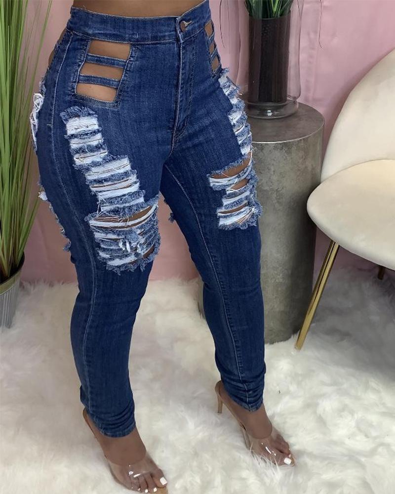 

Zipper Fly Cut-Out Ripped Stretch Skinny Jeans, Dark blue