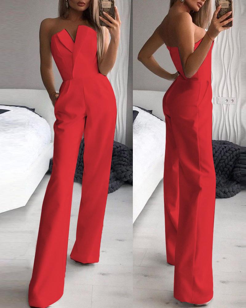 

Pocket Detail Bandeau Straight Leg Jumpsuit, Red