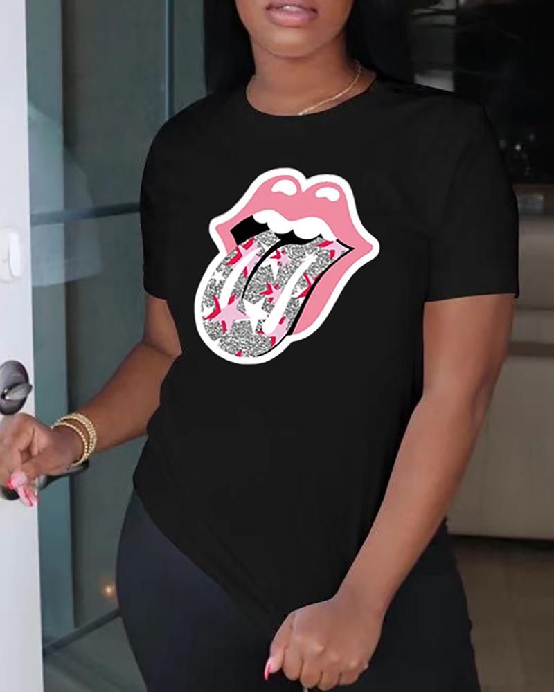 

Lip / Heart Print O Neck Short Sleeve T-Shirt, Black
