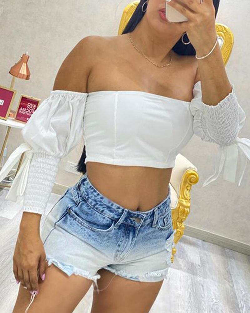 

Ombre Washed Ripped Raw Hem Denim Shorts, Blue