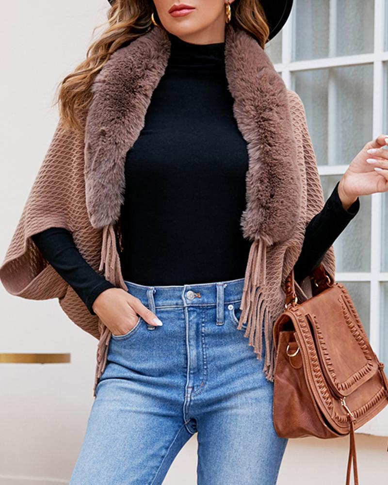 

Plush Collar Tassels Trim Knit Cape Front Open Cardigan, Coffee